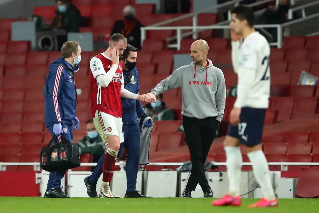 Rob Holding (Arsenal) being substituted off as the first concussion sub in the Premier League against Manchester City